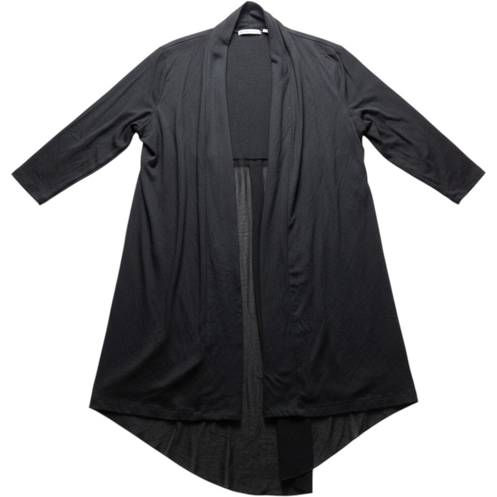Notations Cardigan Sweater Womens 1X Black Open Front Sheer Back Knit Hi Low Hem